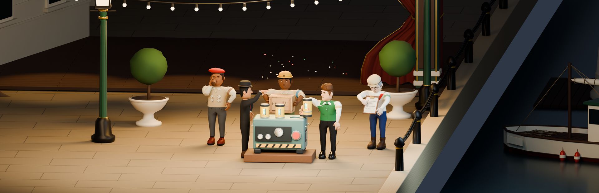 Moles Inc. crew gathered around the party device on the Gala square at night