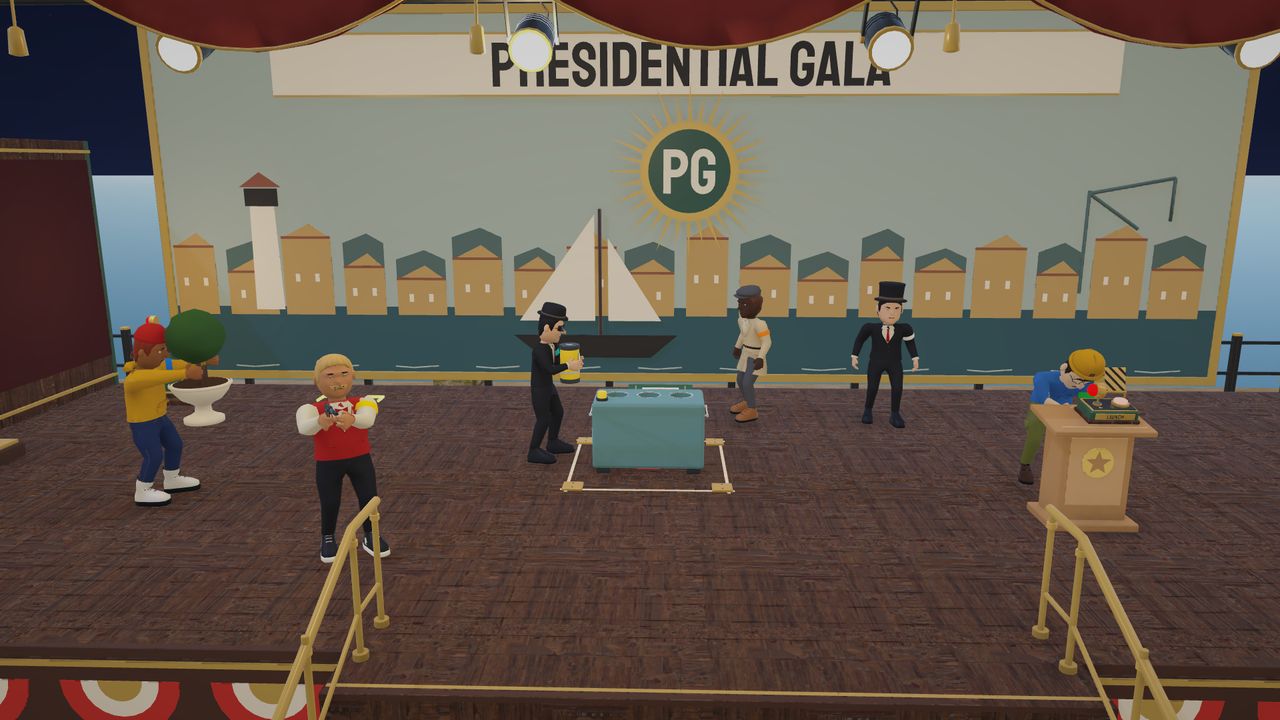 The crew on the Presidential Gala stage at night
